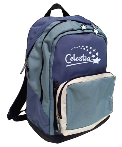 Image of a backpack featuring the Celestia logo: a wand trailing a stream of stars.