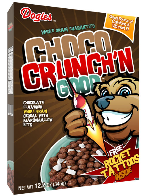 Image of a cereal box featuring a big cartoon bear and the following text: 'Choco Crunch'n Good TM', 'whole grain guaranteed', and 'free rocket tattoos inside'.