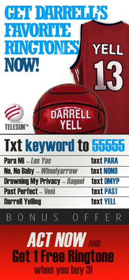 Image of an ad for ringtones displayed as part of a sports e-newsletter. Text reads: 'Get Darrell's Favorite Ringtones Now!' One available ringtone listed is 'Darrell Yell yelling.'