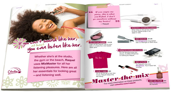 Image of a two-page magazine spread for Mixmaster music products that features pop star Raquel and several items – including makeup and headphones – said to be her favorites.  The word 'Advertisement' is at the top of each page in very small type.