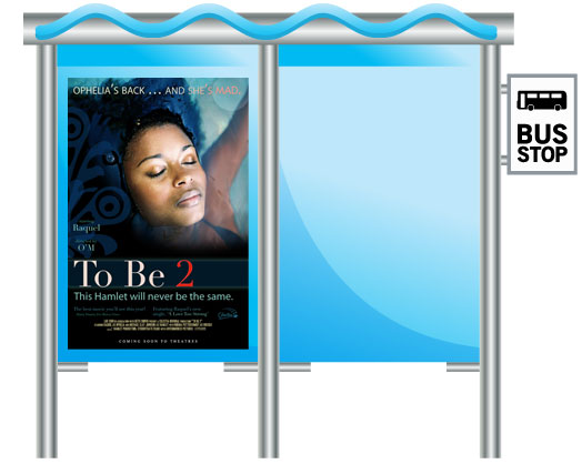 Image of a movie poster in a bus shelter, showing a girl floating in water above the words 'To Be 2.' Other text on the poster includes: 'starring Raquel' and 'featuring Raquel's new single.'