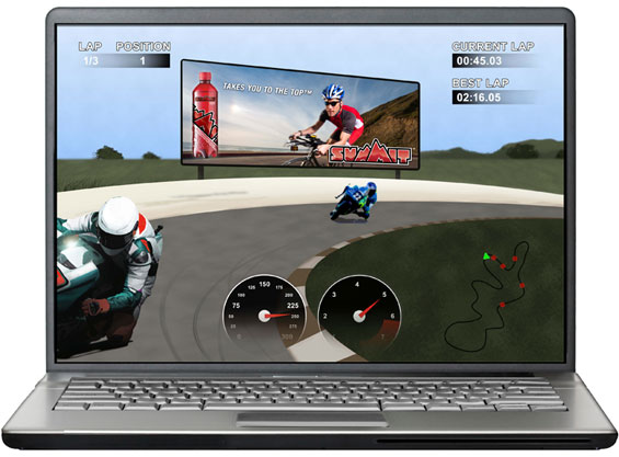 Image of a screen shot from a fast-paced racing game. It shows a track with a Summit Soda billboard along the side.