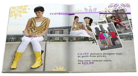 Image of pages from a Zed Clothing catalog showing teens dressed in trendy outfits, hanging out in the city.