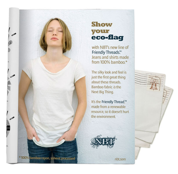 Image of a girl in a white T-shirt and jeans, alongside text that reads: 'Made from 100% bamboo*,' 'Made from a renewable resource' and 'Doesn't hurt the environment.' At the bottom of the ad, in smaller print, there is text that reads, “*100% bamboo rayon, solvent processed.”