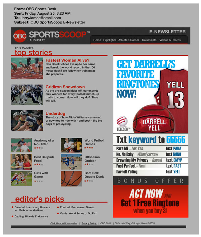 Image of an ad for ringtones displayed as part of a sports e-newsletter. Arrows point to three different phrases in the ad: 'Text 55555,' 'Act Now,' and 'Get 1 Free Ringtone When You Buy 3.'