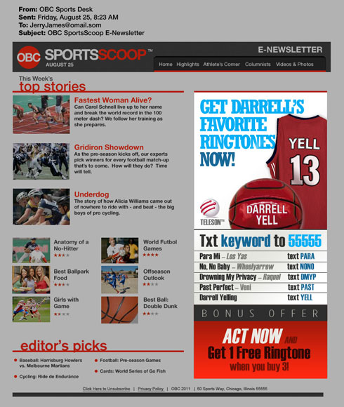 Image of an ad for ringtones displayed as part of a sports e-newsletter. Arrows point to three different phrases in the ad: 'Text 55555,' 'Act Now,' and 'Get 1 Free Ringtone When You Buy 3.'