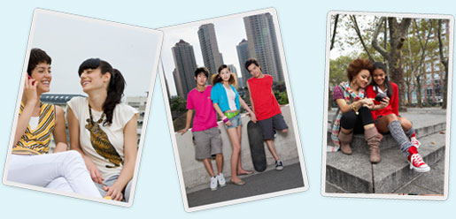 Photo on far left: Image of
girl on cell phone with friend chilling next to her. Photo in middle: Image of
three kids by a wall with skateboard. Photo on far right: Image of two girls
smiling and taking self portrait.
