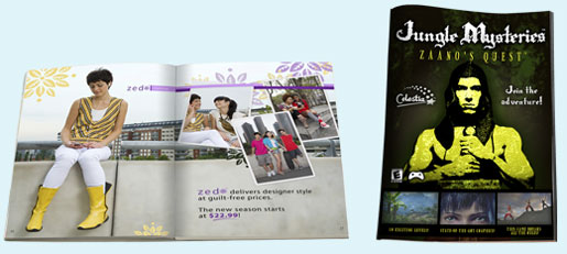 The first magazine advertisement is pages from a Zed Clothing catalog with pictures of teens dressed in casual, trendy outfits, hanging out with their friends. The second ad is a magazine ad featuring screen shots of a video game and the Celestia logo; text reads: 'Jungle Mysteries: Zaano's Quest TM.'