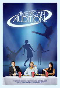 Image of a poster for a TV program called 'American Audition', depicting three judges sitting at a table drinking Summit Soda.  Silhouettes of program contestants and the American Audition logo are above them.