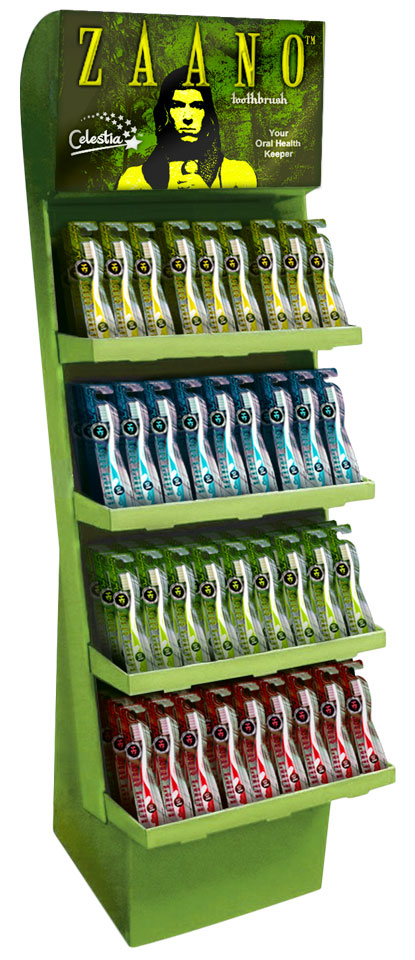 Image of a pop-up store display stocked with Zaano’s Quest-branded toothbrushes in bright colors.