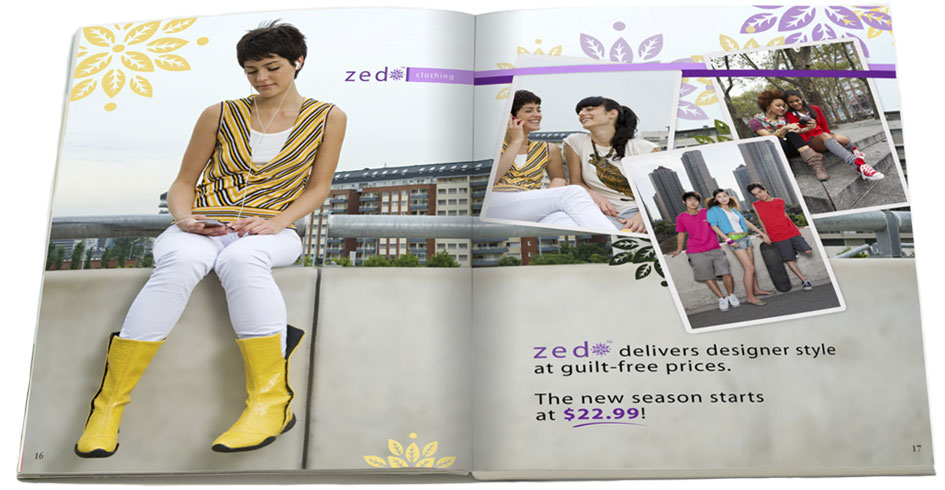Image of pages from a Zed Clothing catalog showing teens dressed in trendy outfits, hanging out in the city.