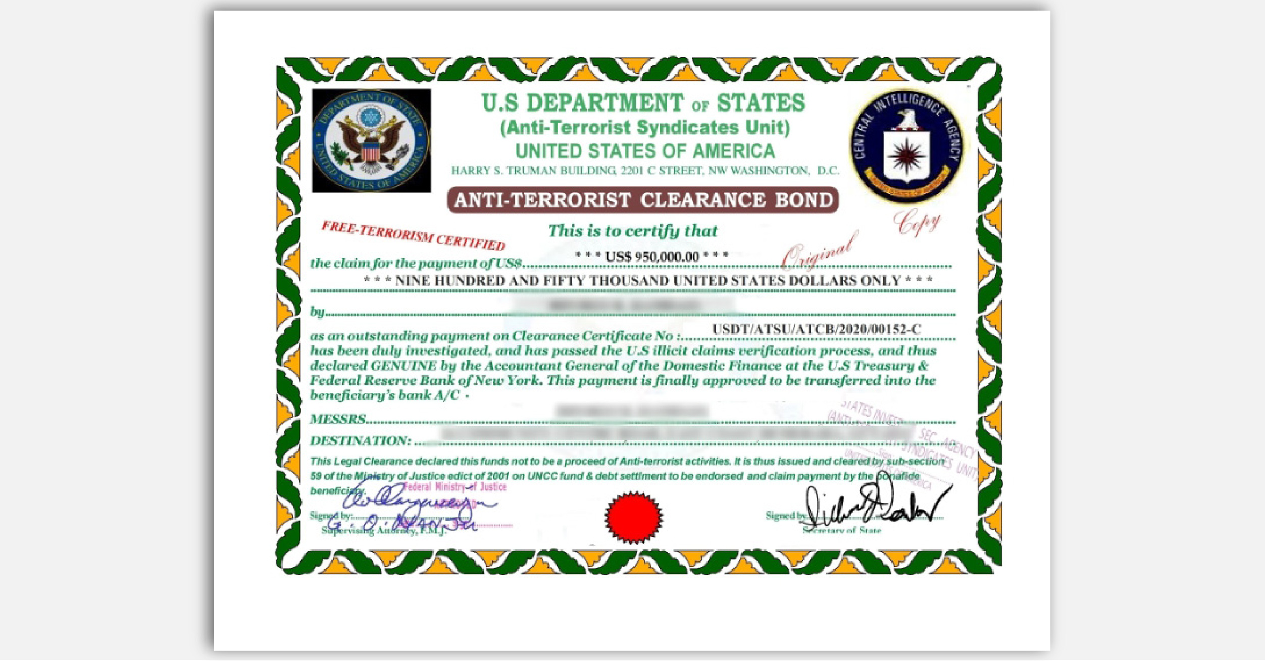 FTC impersonator scam fake State Dept. certificate