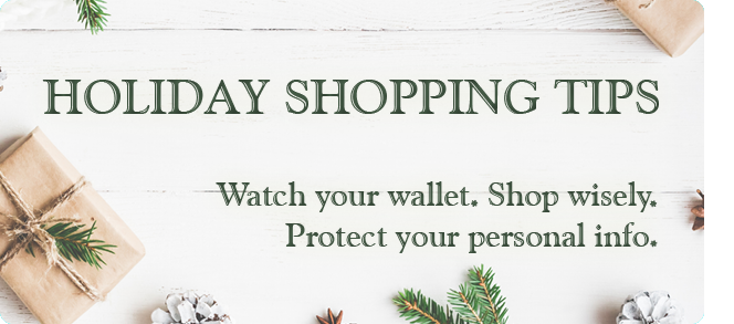 Holiday shopping tips. Watch your wallet. Shop wisely. Protect your personal info.